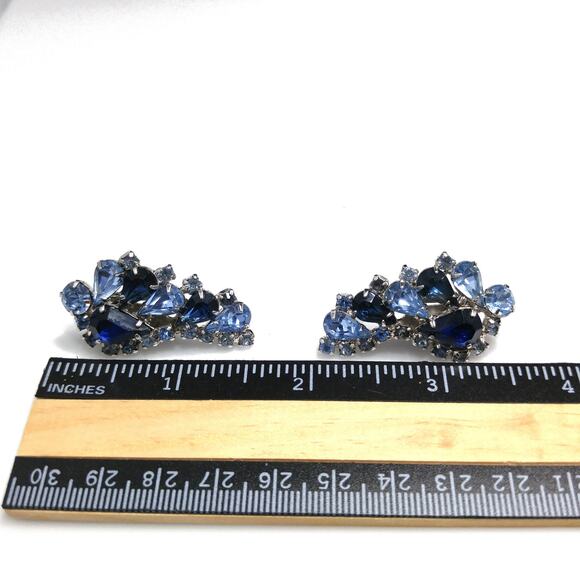 Vintage Blue Rhinestone Clip Earrings, Ear Climbers, Rhodium Plated, 1960s - Picture 9 of 10